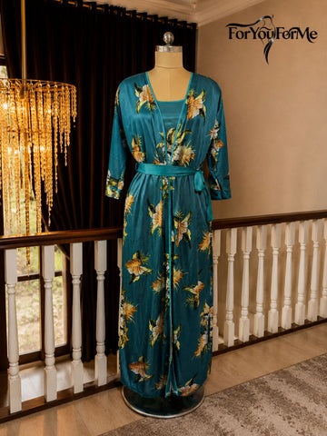 11001-Womens Floral Satin Nightdress with Robe Set
