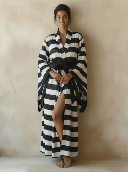 11027 - Women Black Satin Long Night Robe with Leopard Print Trim