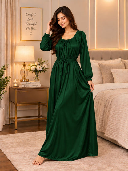11065-Women Solid Satin Full-Length Night Dress.
