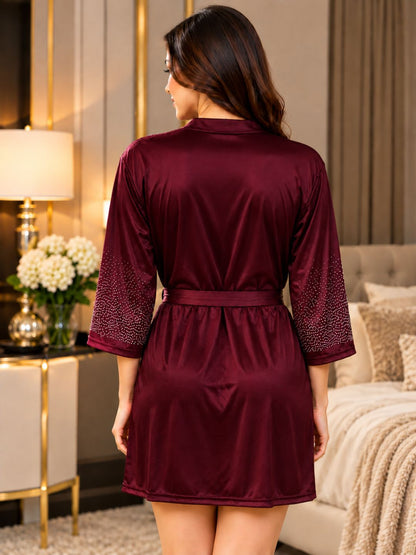 11066-Women’s Embellished Satin Wrap Robe with Tie-Up Waist
