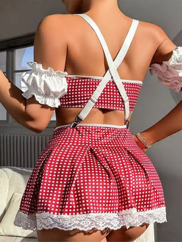12001 - Women White & Red Gingham Print Mini Skirt Lingerie Set with Suspenders