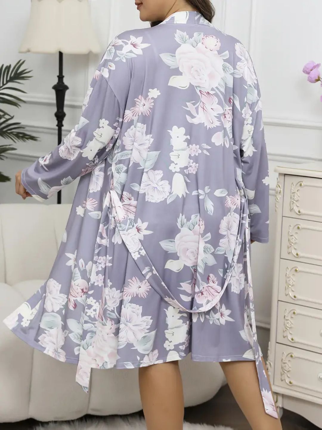 11005-Lavender Floral Satin Nightwear Robe Set for Women – Comfortable & Elegant Sleepwear
