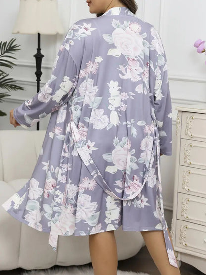 11005-Lavender Floral Satin Nightwear Robe Set for Women – Comfortable & Elegant Sleepwear