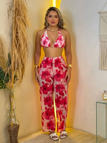 11044-Women Floral Printed Satin Co-Ord Set with Halter Neck Crop Top & Straight Fit Pants
