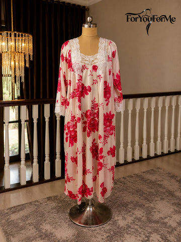 11031-Women Blush Pink Floral Satin Nightwear Set with Lace Trim Robe