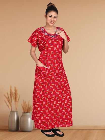 1904-Women's Pure Cotton Blended Printed Maxi Dress for Daily & Night Wear Floral Nighty