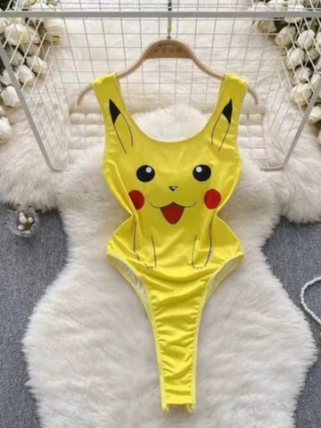 141 - Women Yellow Graphic Cartoon Character Printed Sleeveless Swim Style Bodysuit
