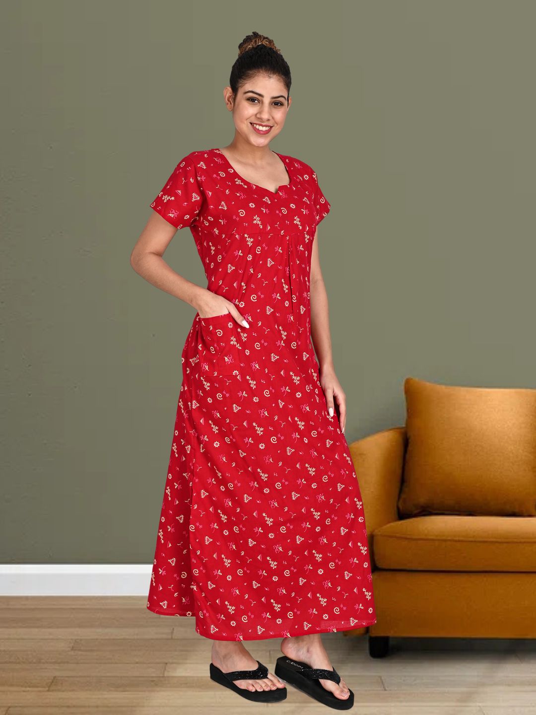 1650-Women's Pure Cotton Blended Printed Maxi Dress for Daily & Night Wear Floral Nighty