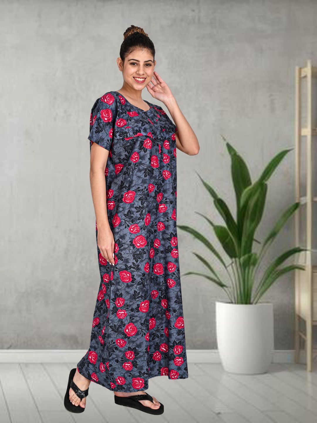 1500-Women's Pure Cotton Blended Printed Maxi Dress for Daily & Night Wear Floral Nighty