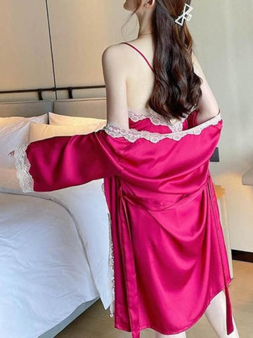 204 - Women Maroon Satin Chemise with Lace Trim & Shrug