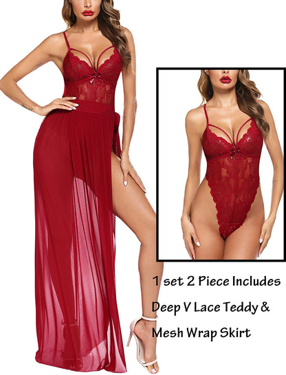 56-Red 2-Piece Black Lingerie Set – Deep V Lace Teddy & Mesh Wrap Skirt