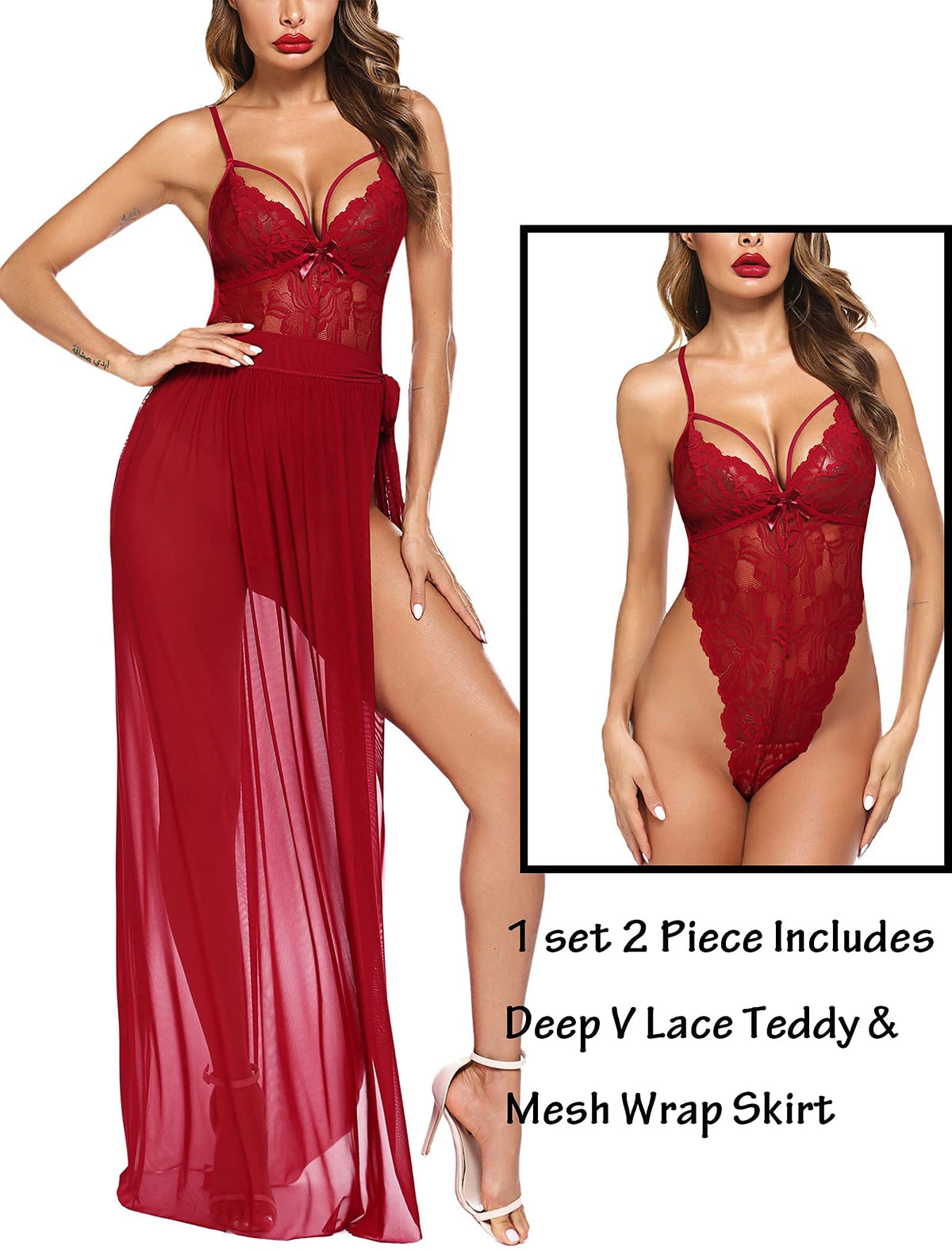56-Red 2-Piece Black Lingerie Set – Deep V Lace Teddy & Mesh Wrap Skirt