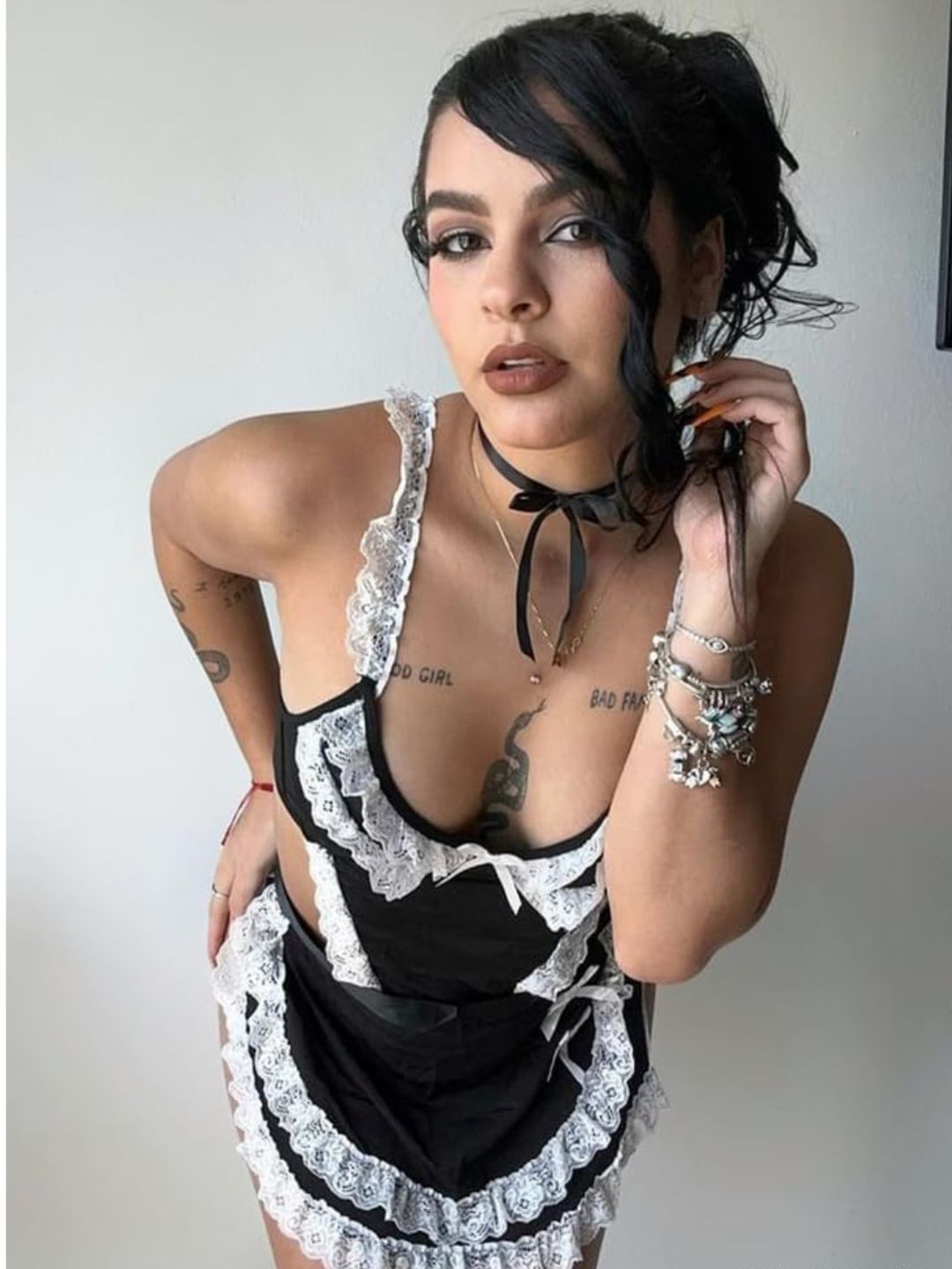 63 - Women Black & White Lace Roleplay Maid Lingerie Bodysuit with Apron & Choker