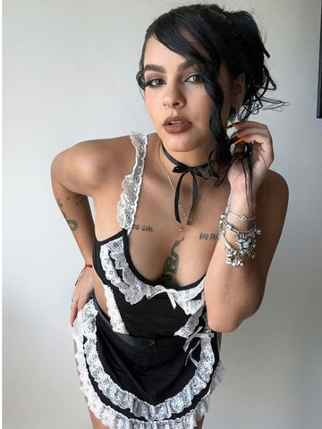 63 - Women Black & White Lace Roleplay Maid Lingerie Bodysuit with Apron & Choker