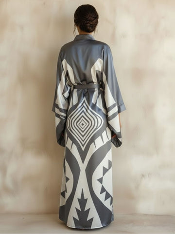 11027 - Women Grey & White Geometric Printed Satin Kimono Style Night Robe