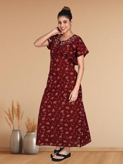 1903-Women's Pure Cotton Blended Printed Maxi Dress for Daily & Night Wear Floral Nighty