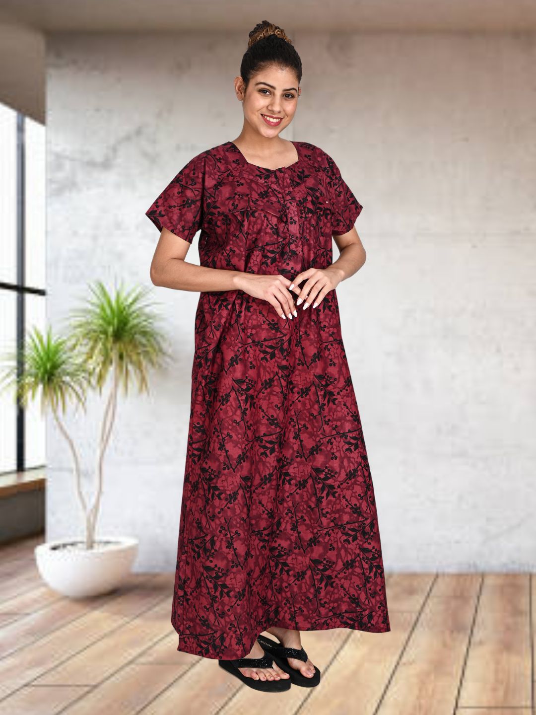 1502-Women's Pure Cotton Blended Printed Maxi Dress for Daily & Night Wear Floral Nighty