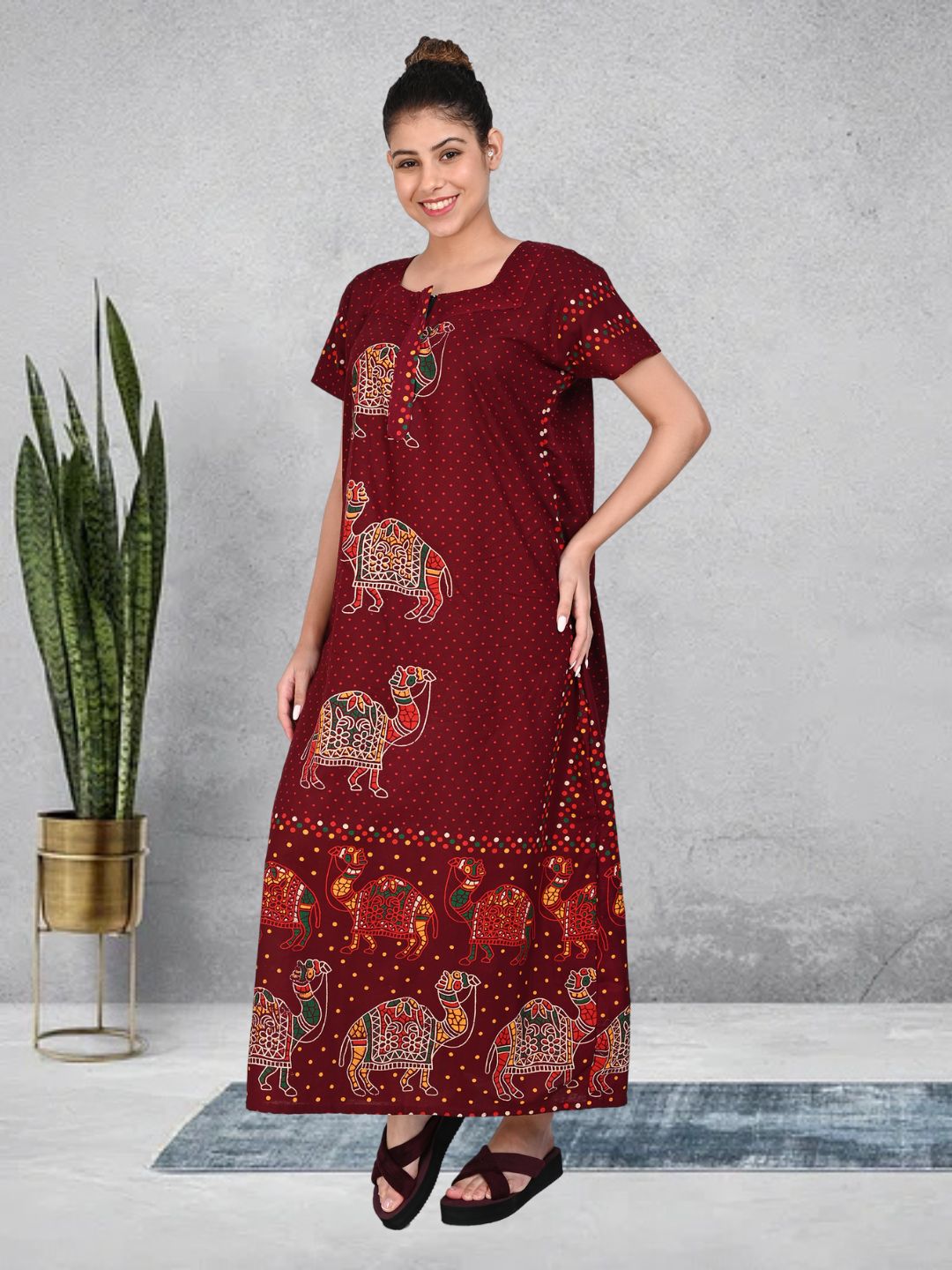 1450-Women's Pure Cotton Blended Printed Maxi Dress for Daily & Night Wear Floral Nighty