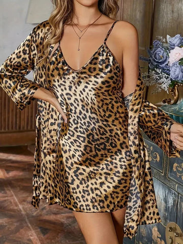 11024 - Women Leopard Print Satin Nightwear Set with Slip & Robe