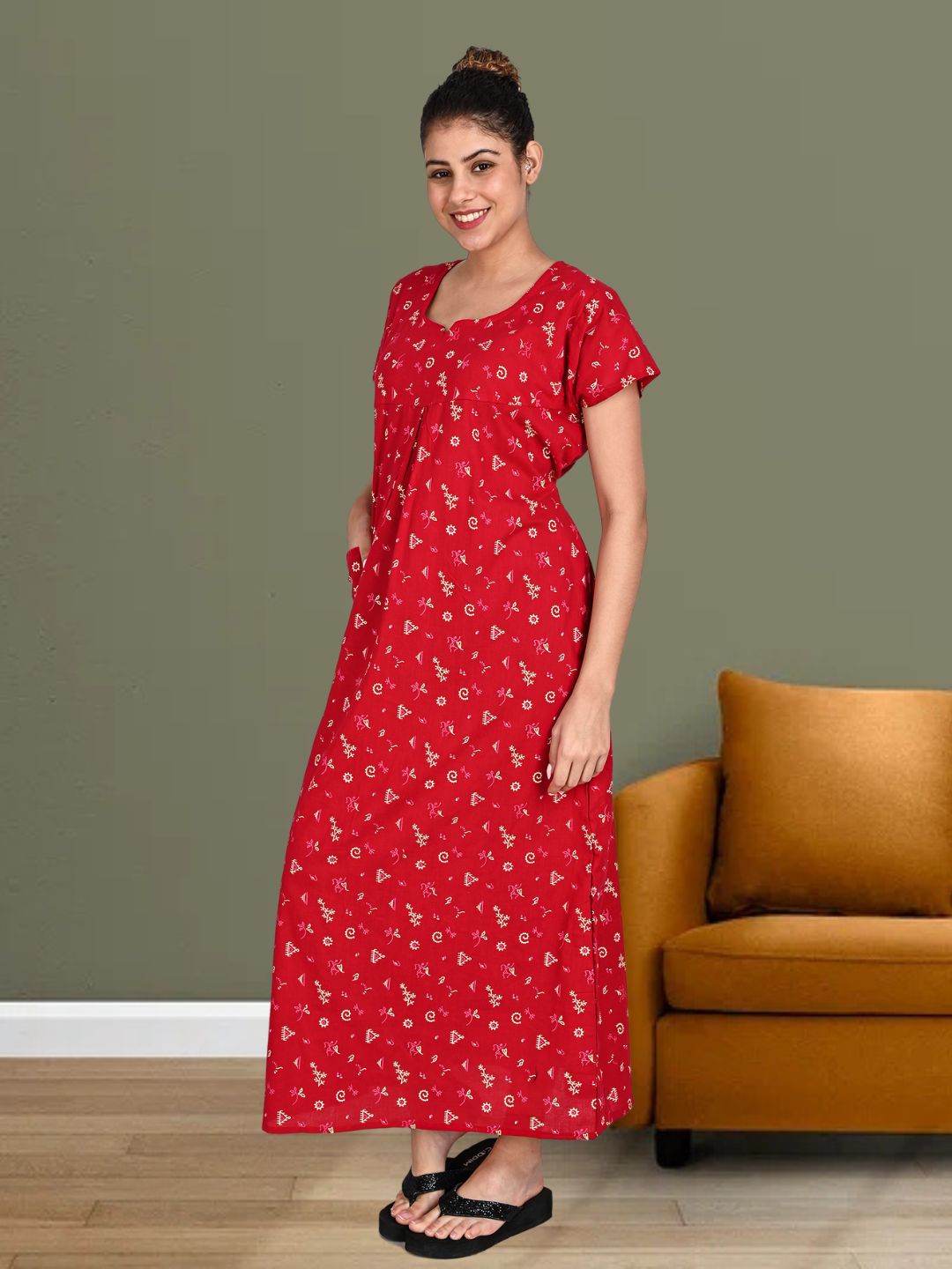1650-Women's Pure Cotton Blended Printed Maxi Dress for Daily & Night Wear Floral Nighty