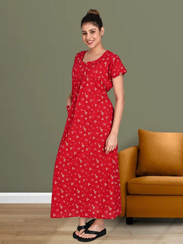 1650-Women's Pure Cotton Blended Printed Maxi Dress for Daily & Night Wear Floral Nighty