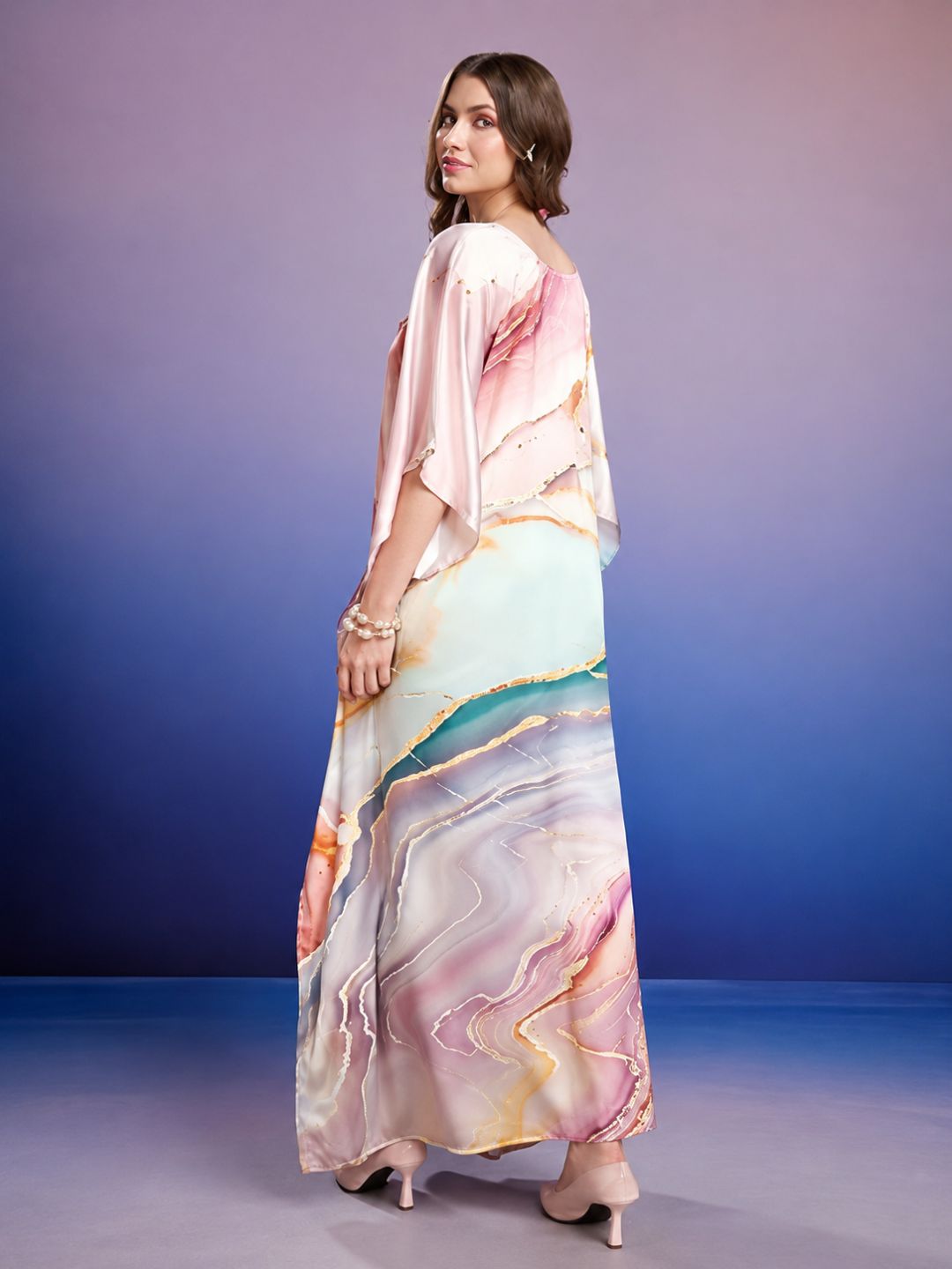 11057-Women Floral Printed Satin Kaftan Dress