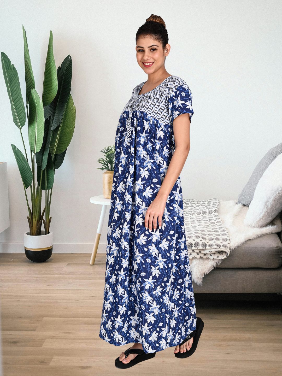 1601-Women's Pure Cotton Blended Printed Maxi Dress for Daily & Night Wear Floral Nighty