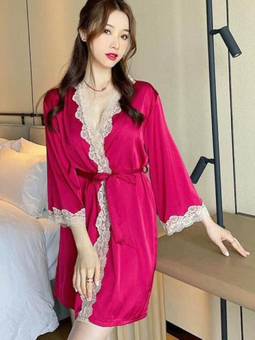 204 - Women Maroon Satin Chemise with Lace Trim & Shrug