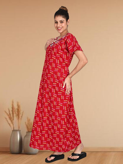 1904-Women's Pure Cotton Blended Printed Maxi Dress for Daily & Night Wear Floral Nighty