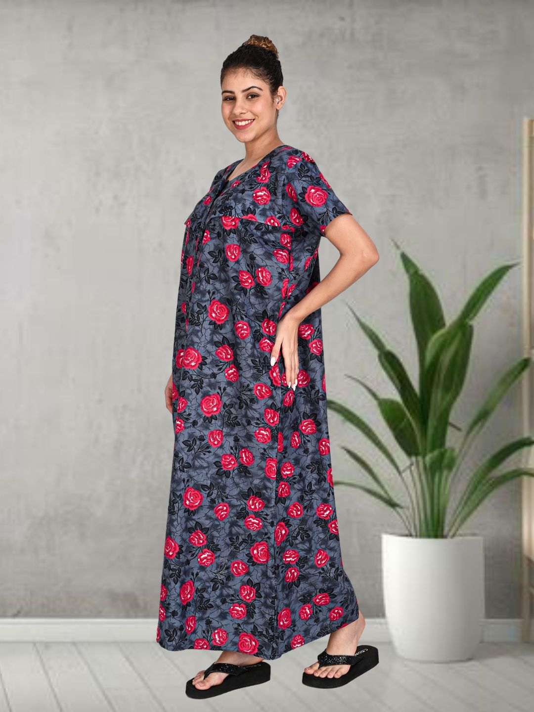 1500-Women's Pure Cotton Blended Printed Maxi Dress for Daily & Night Wear Floral Nighty