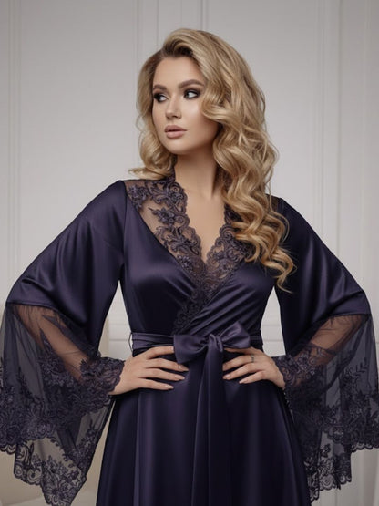 11028-Black Elegant Lace Trim Bridal Robe with Flared Sleeves