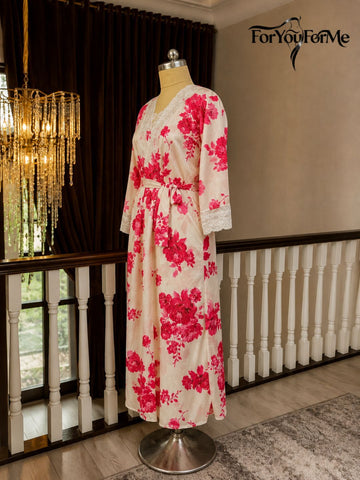 11031-Women Blush Pink Floral Satin Nightwear Set with Lace Trim Robe