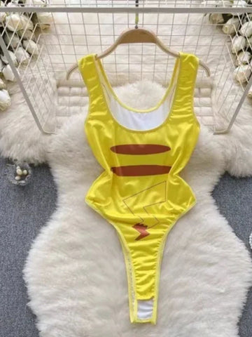 141 - Women Yellow Graphic Cartoon Character Printed Sleeveless Swim Style Bodysuit