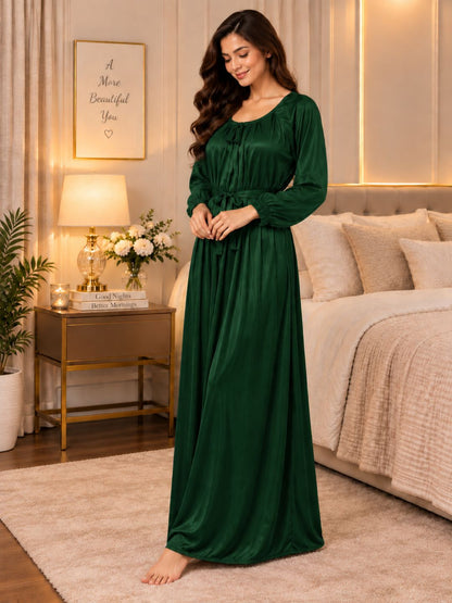 11065-Women Solid Satin Full-Length Night Dress.