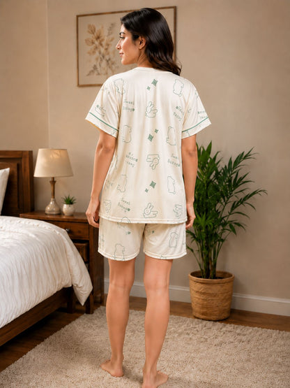 11062-Womens Printed Short Sleeve Top & Shorts Night Suit