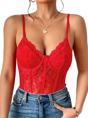 68 Red-Women's Sheer Lace Underwire Bodysuit Lingerie