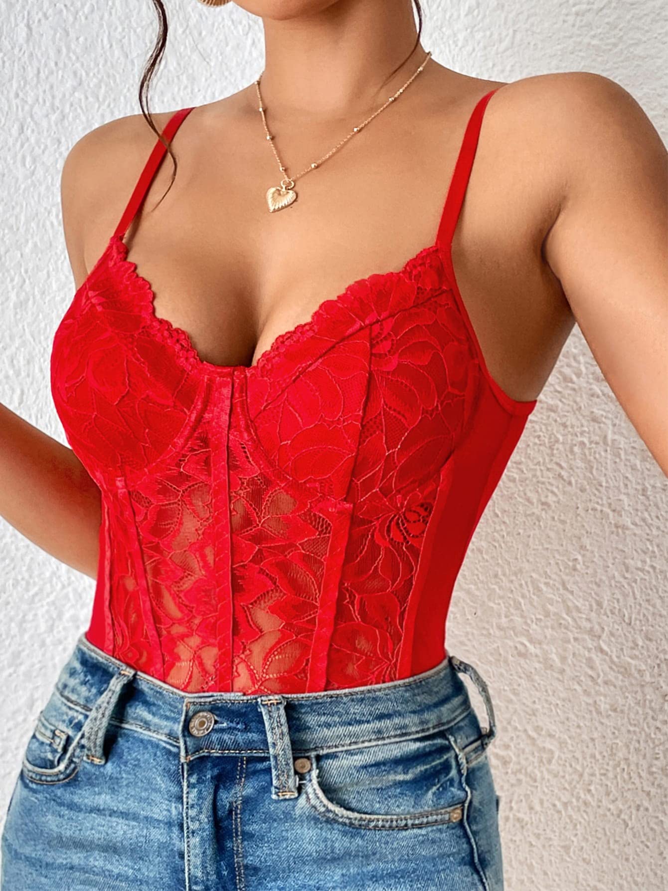 68 Red-Women's Sheer Lace Underwire Bodysuit Lingerie