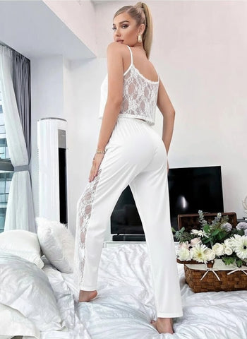 11038 - Women White Solid Lounge Co-Ord Set with Lace Insert Crop Top & Pyjama