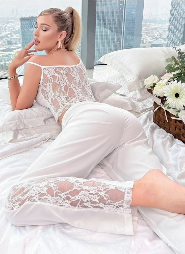 11038 - Women White Solid Lounge Co-Ord Set with Lace Insert Crop Top & Pyjama