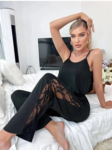 11038 - Women Black Solid Lounge Co-Ord Set with Lace Insert Crop Top & Pyjama