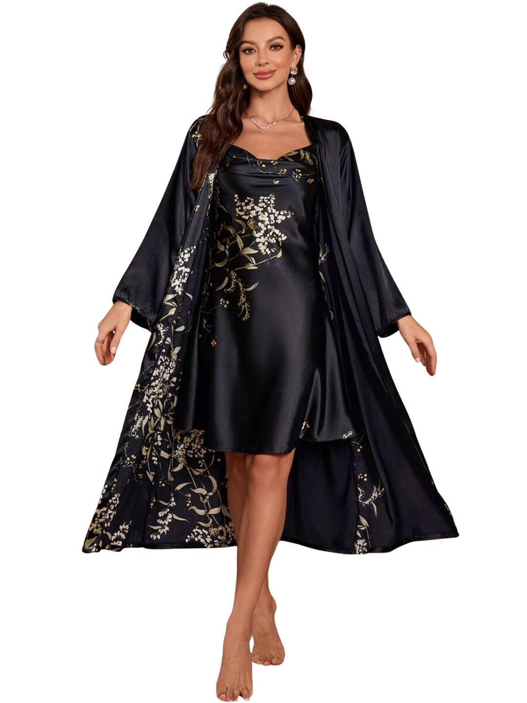 11003-Green Floral Satin Nightwear Robe Set for Women – Elegant Night Dress & Sleepwear