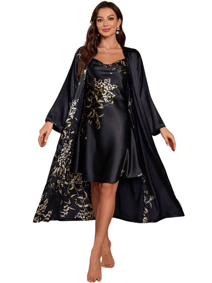 11003-Green Floral Satin Nightwear Robe Set for Women – Elegant Night Dress & Sleepwear