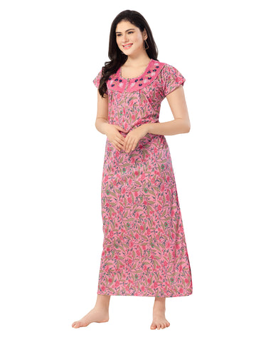 Women's Pure Cotton Blended Printed Maxi Dress for Daily & Night Wear Floral Nighty