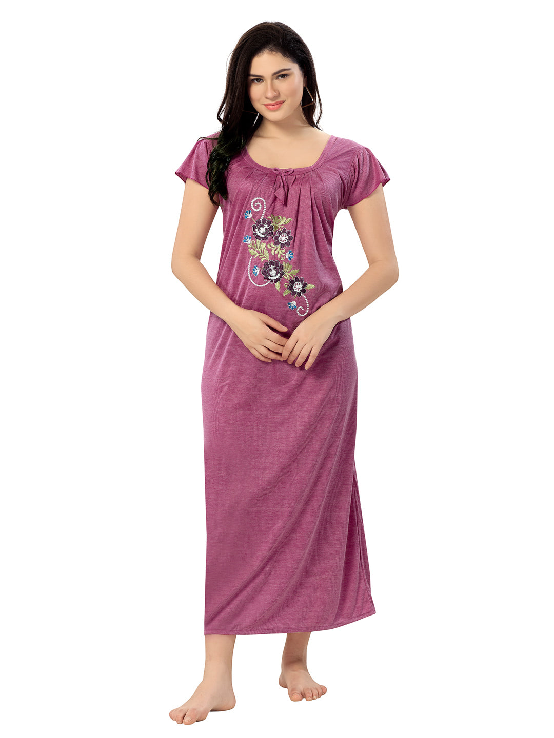 Women's Pure Hosiery Cotton Blended Solid Maxi Dress for Daily & Night Wear Floral Nighty