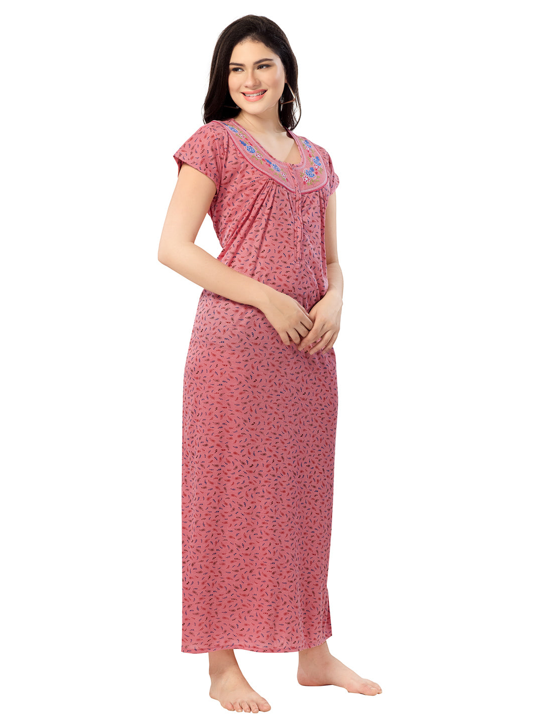 1277-Women's Pure Cotton Blended Printed Maxi Dress for Daily & Night Wear Floral Nighty