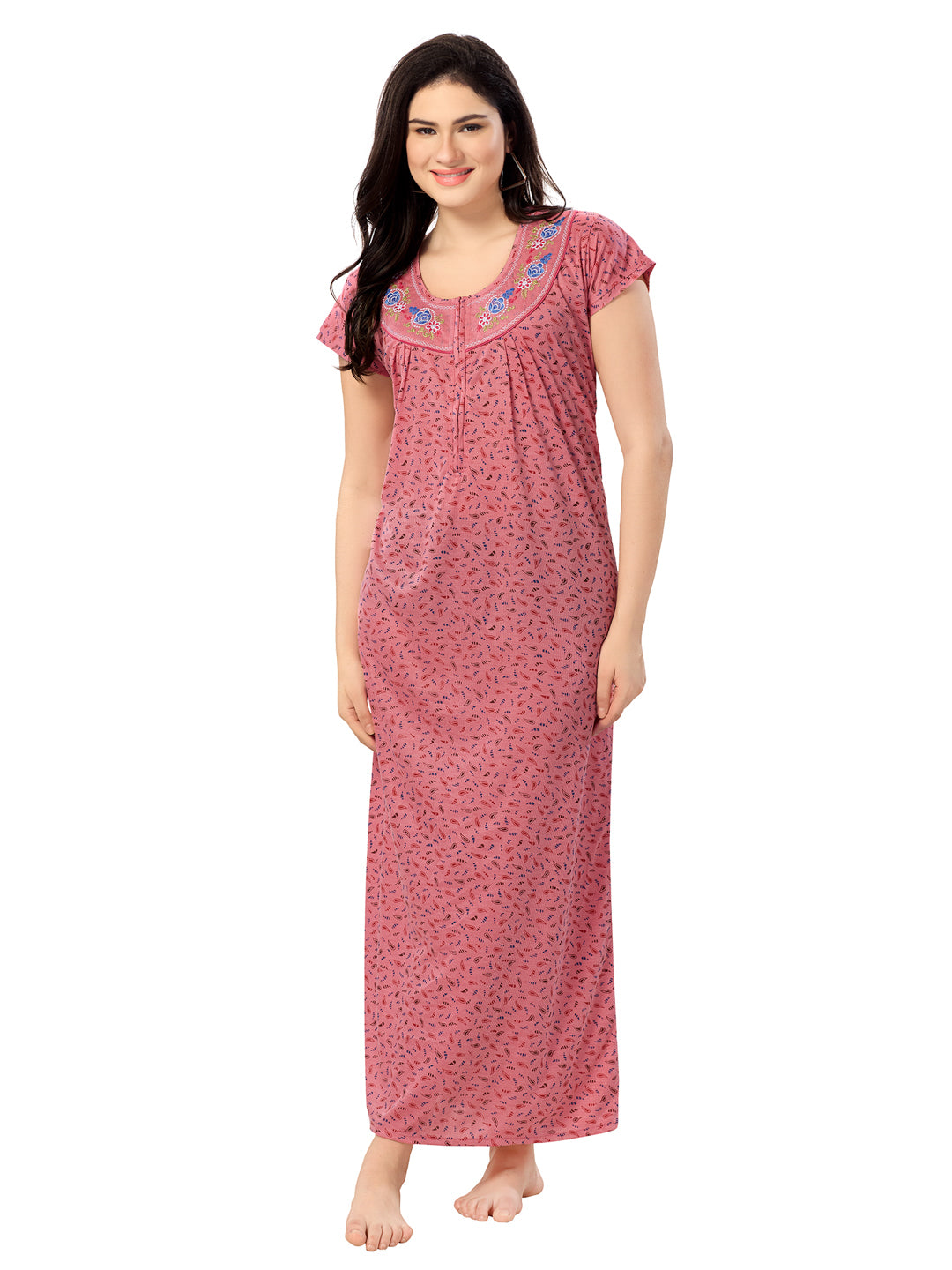 1277-Women's Pure Cotton Blended Printed Maxi Dress for Daily & Night Wear Floral Nighty