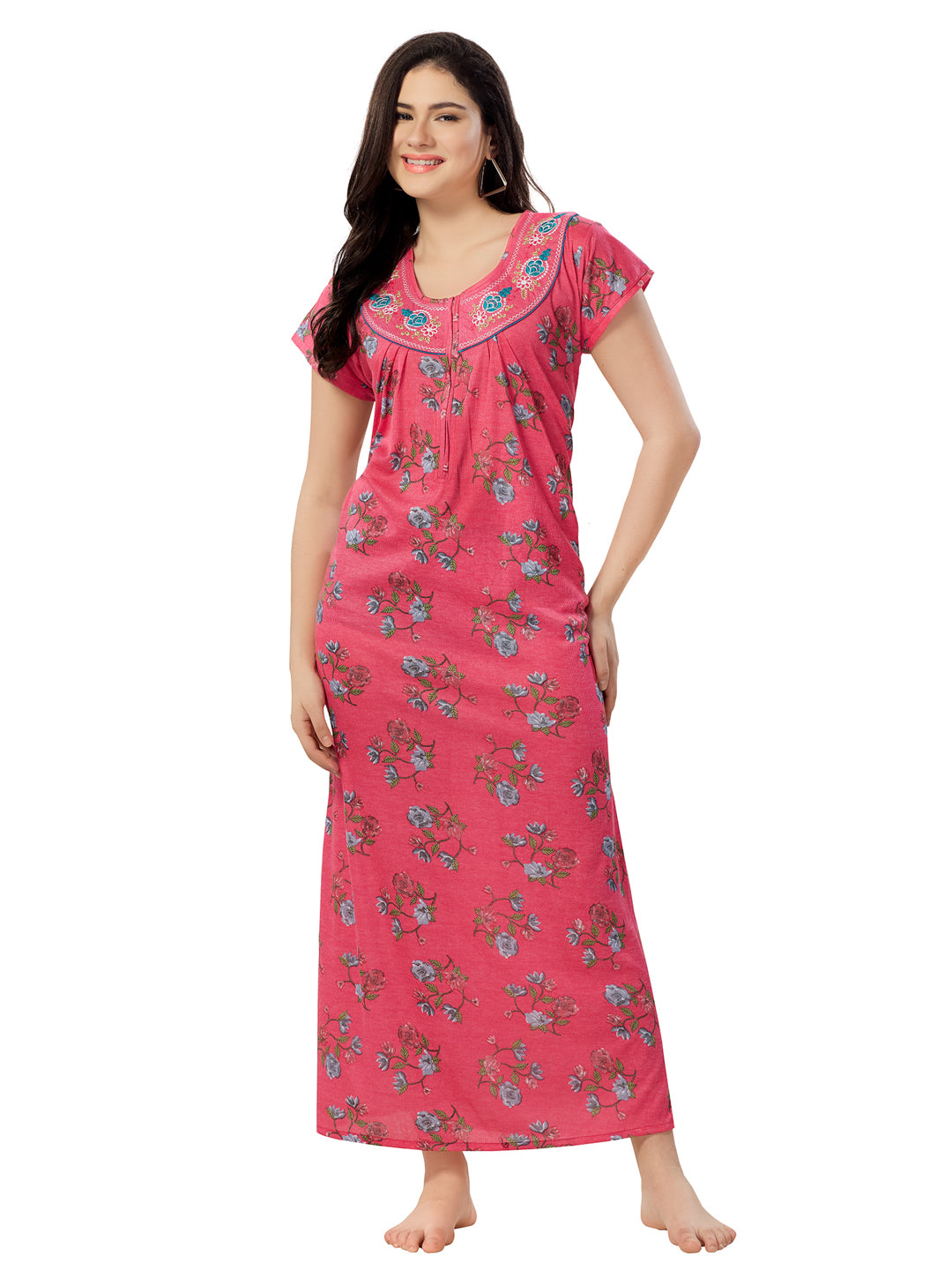 Women's Pure Cotton Blended Printed Maxi Dress for Daily & Night Wear Floral Nighty