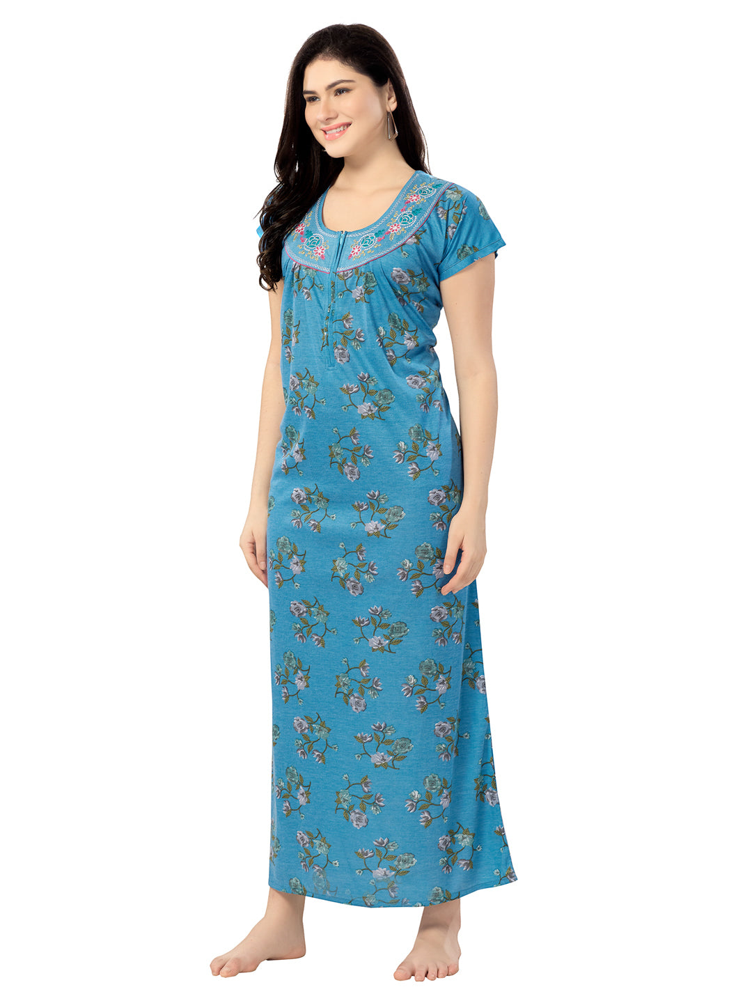 Women's Pure Cotton Blended Printed Maxi Dress for Daily & Night Wear Floral Nighty