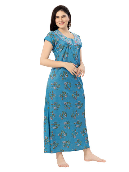 Women's Pure Cotton Blended Printed Maxi Dress for Daily & Night Wear Floral Nighty