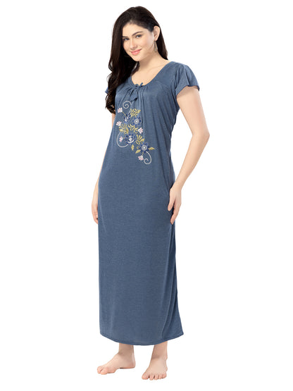 Women's Pure Hosiery Cotton Blended Solid Maxi Dress for Daily & Night Wear Floral Nighty
